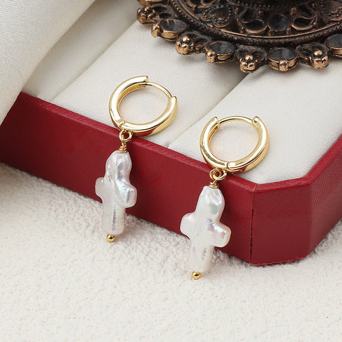 Cross Pearl Hoop Earrings - May-Lynn Jewelry